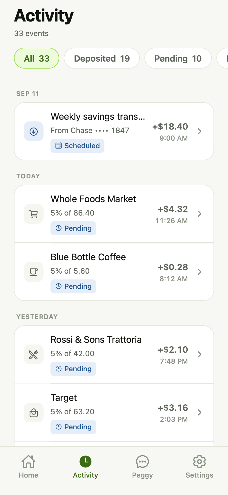PiggyVault activity screen listing purchases and the amount set aside from each.